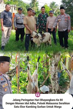 Jelang Peringatan Hari Bhayangkara Ke 80 Dengan Momen Idul Adha, Polsek Malausma Serahkan Satu Ekor Kambing Qurban Untuk Warga