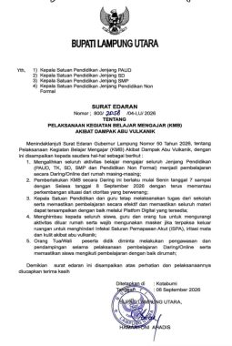 Awan Panas dan Abu Vulkanik, Bupati Lampung Utara Hentikan KBM Tatap Muka Mulai 7 September